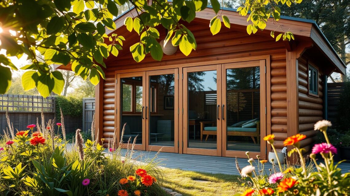 Holzgartenhaus mit Glasschiebetüren für Ihren Garten Holzgartenhaus mit Glasschiebetüren für Ihren Garten