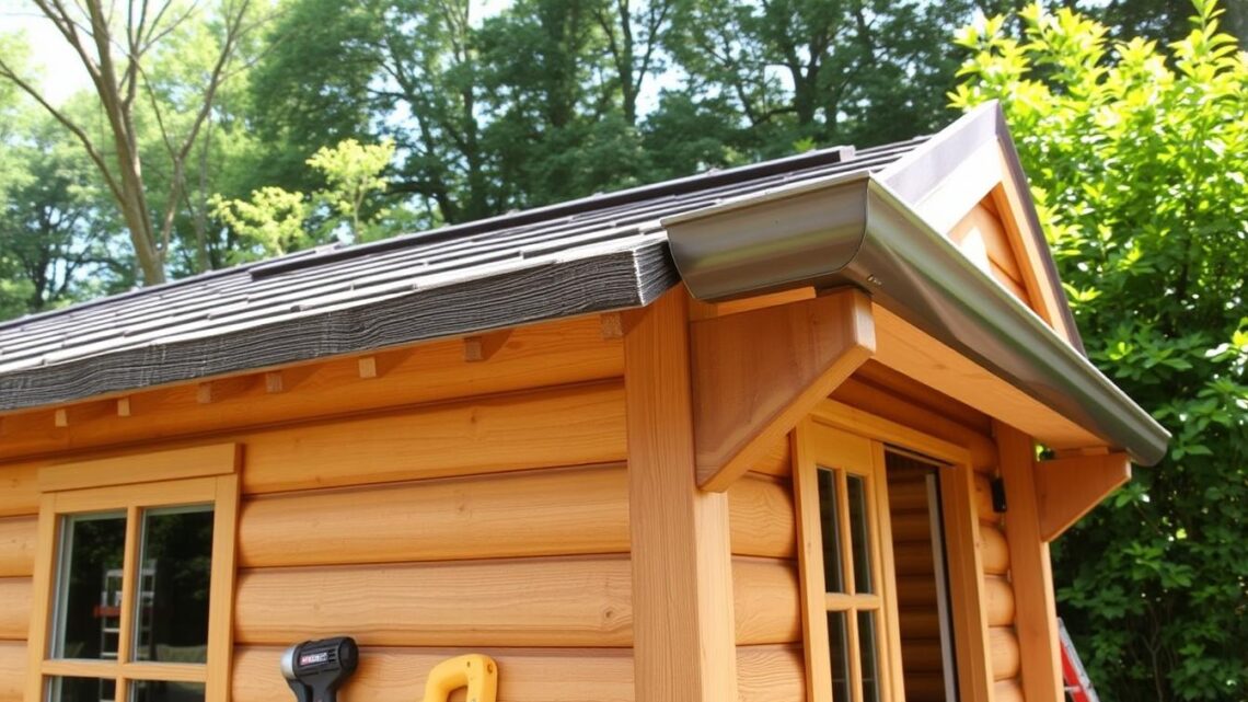 Regenrinnenmontage und -reinigung am Holz-Gartenhaus Regenrinnenmontage und -reinigung am Holz-Gartenhaus