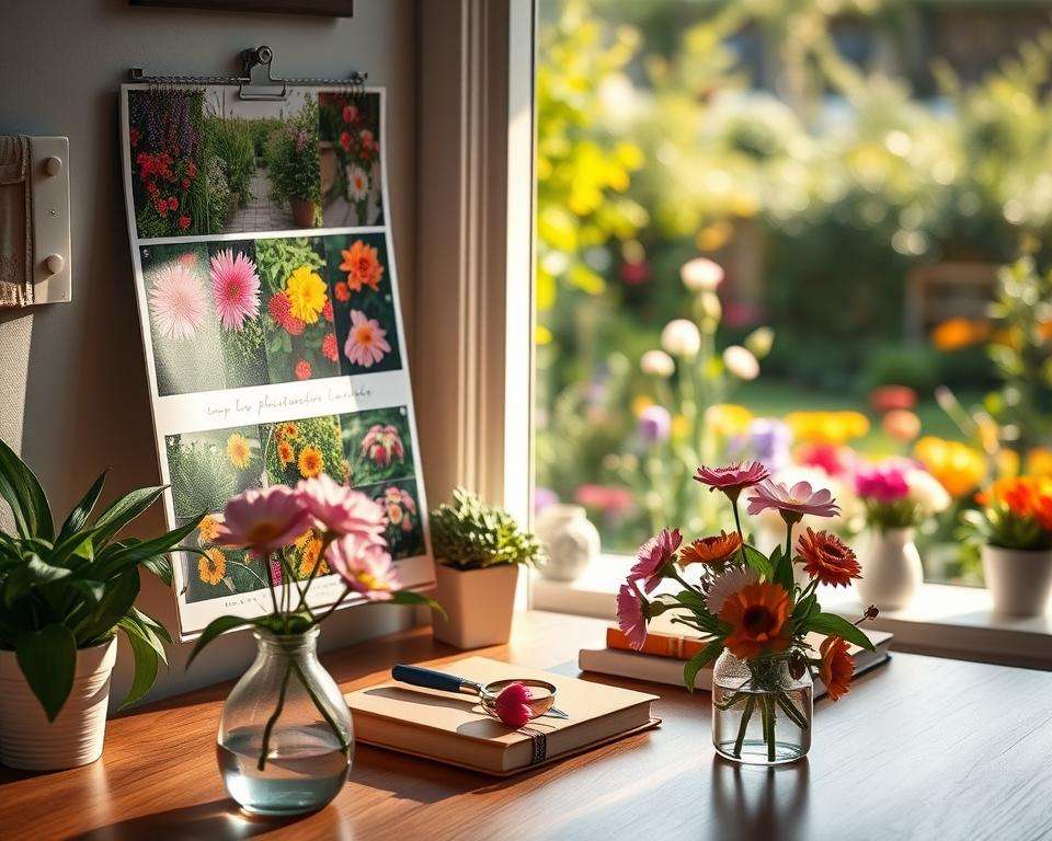 A beautiful organized desk in a cozy garden setting, featuring a wall-mounted photo calendar showcasing vibrant images of various blooming flowers, lush green plants, and tranquil garden scenes. The focus is on a close-up of the calendar, highlighting the detailed photographs that capture special gardening moments across the months. In the foreground, a small vase of freshly picked flowers sits next to the calendar, reflecting natural light streaming from a nearby window. The background reveals a sunlit garden bursting with colors, creating an inviting atmosphere. The soft, warm lighting enhances the nostalgic feel of the scene, evoking a sense of tranquility and cherished memories.