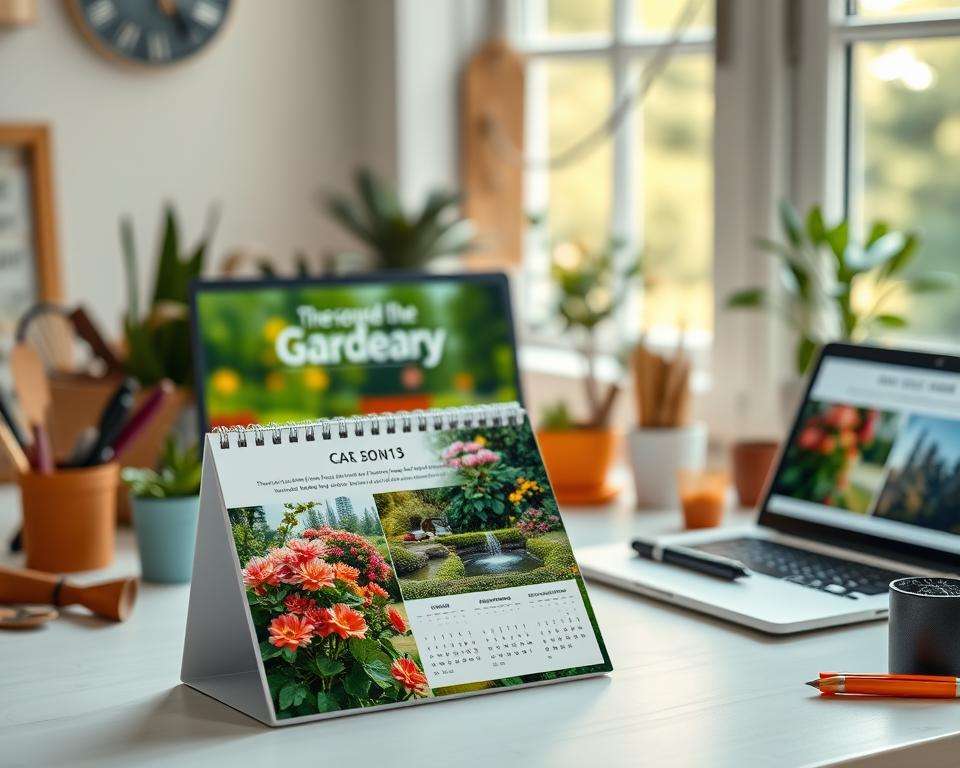 A beautifully arranged desk scene featuring an elegant photo calendar displaying stunning garden motifs. In the foreground, a close-up view of the calendar showcases vibrant images of blooming flowers, lush green plants, and serene garden landscapes. The middle ground includes a neatly organized workspace with gardening tools, a notepad, and a laptop displaying a price comparison website for calendars. The background features a bright, softly lit window with sunlight filtering through, casting gentle shadows. The overall mood is inviting and productive, highlighting the beauty of garden photography and the joy of creating a personalized garden calendar. The image captures a sense of tranquility and inspiration, making it ideal for a practical discussion on the value of high-quality garden calendars.