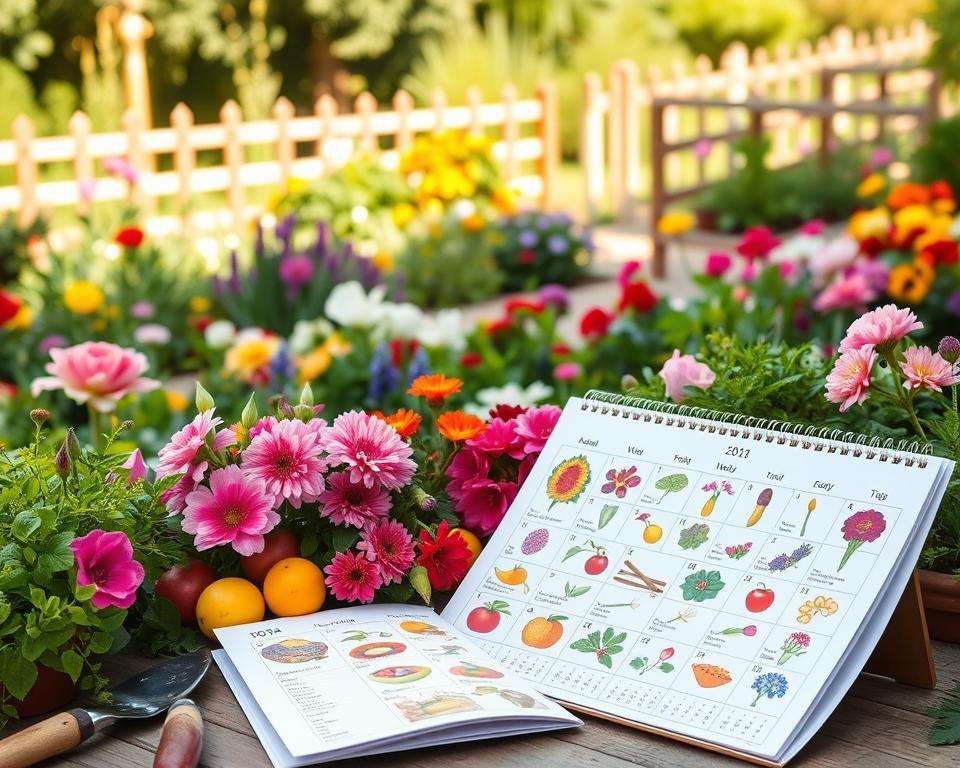 A beautifully arranged garden calendar featuring seasonal gardening tasks and tips, with an emphasis on a mix of vibrant flowers, fruits, and vegetables. In the foreground, include an open calendar page filled with colorful illustrations of various plants corresponding to each month, surrounded by gardening tools like a trowel and pruning shears. The middle ground showcases a diverse array of blooming plants and lush greenery, while a gentle, sunny backdrop reveals a well-maintained garden with fences and pathways. Soft, natural lighting creates a warm and welcoming atmosphere, highlighting the colors of the plants. The image should evoke a sense of inspiration and joy for gardening enthusiasts, conveying the essence of maintaining a beautiful mix garden throughout the seasons. A beautifully arranged garden calendar featuring seasonal gardening tasks and tips, with an emphasis on a mix of vibrant flowers, fruits, and vegetables. In the foreground, include an open calendar page filled with colorful illustrations of various plants corresponding to each month, surrounded by gardening tools like a trowel and pruning shears. The middle ground showcases a diverse array of blooming plants and lush greenery, while a gentle, sunny backdrop reveals a well-maintained garden with fences and pathways. Soft, natural lighting creates a warm and welcoming atmosphere, highlighting the colors of the plants. The image should evoke a sense of inspiration and joy for gardening enthusiasts, conveying the essence of maintaining a beautiful mix garden throughout the seasons.
