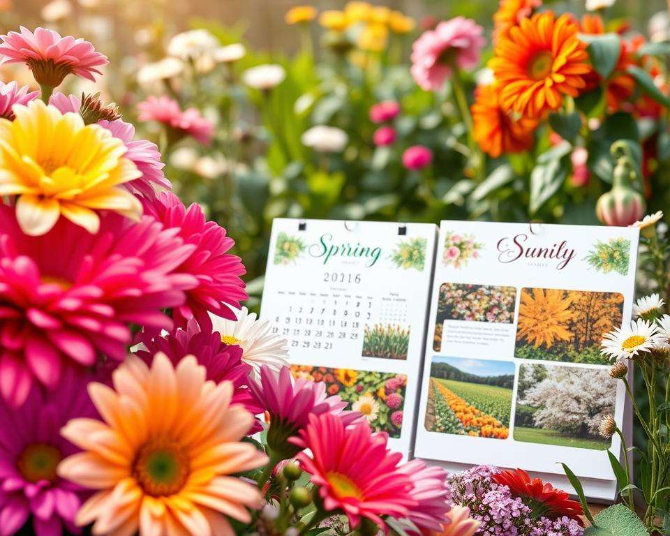 A beautifully arranged photo calendar layout featuring various garden motifs. In the foreground, vibrant flower close-ups, such as roses and daisies, present a rich color palette. The middle section showcases calendar pages with elegant typography and seasonal garden scenes, like blooming flowers in spring, lush greenery in summer, autumn leaves, and winter landscapes sprinkled with snow. In the background, a serene garden setting with softly diffused natural light, highlighting the intricate details of plants and flowers. The atmosphere is tranquil and inspiring, inviting viewers to immerse themselves in the beauty of gardening through thoughtful design. The image captures a harmonious balance of colors and elements, establishing an enticing visual guide for creating engaging calendar pages.