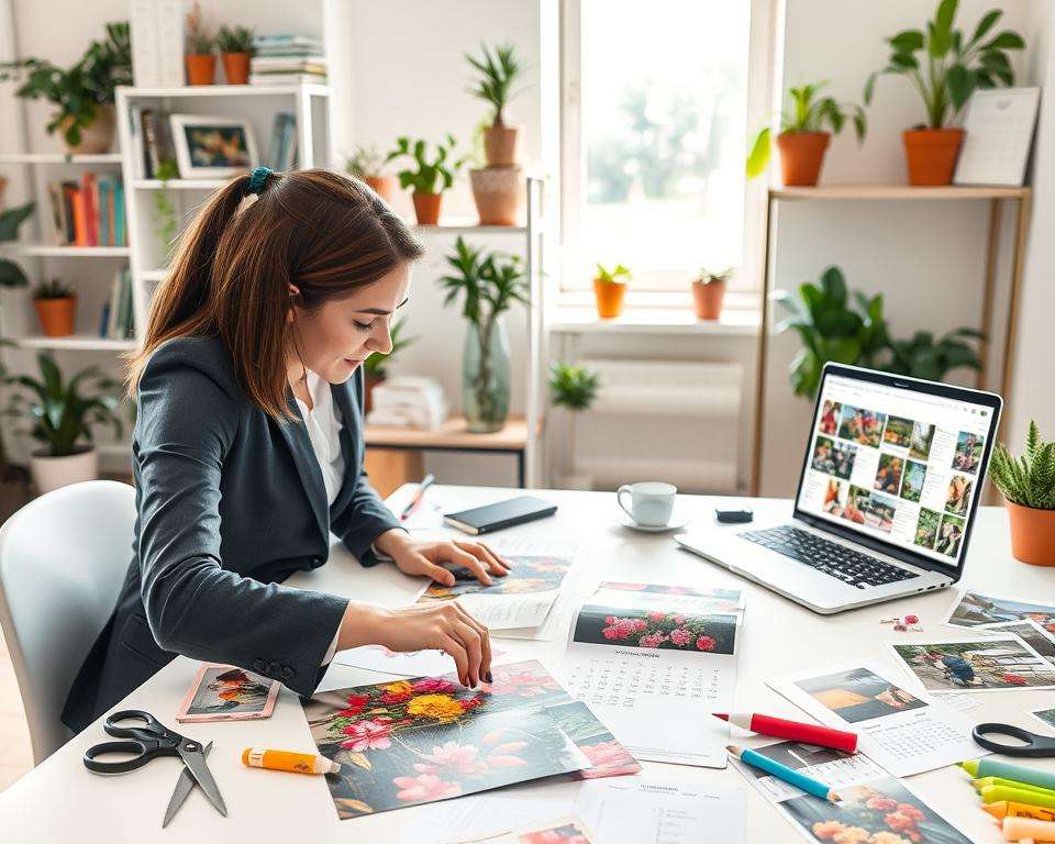 A beautifully arranged workspace showcasing the process of creating a personalized photo calendar featuring garden motifs. In the foreground, a skilled designer, dressed in professional business attire, is focused on arranging vibrant floral photographs and garden scenes on a large desk. Scattered around are design tools like scissors, glue, and templates. In the middle ground, a laptop displays a calendar design software interface, with various layouts on the screen. The background features shelves with inspirational garden books, potted plants, and natural light pouring in through a window, creating a warm and inviting atmosphere. The lighting is soft yet bright, reflecting a creative and productive environment. The overall mood suggests diligence and creativity, highlighting the importance of avoiding common design mistakes.