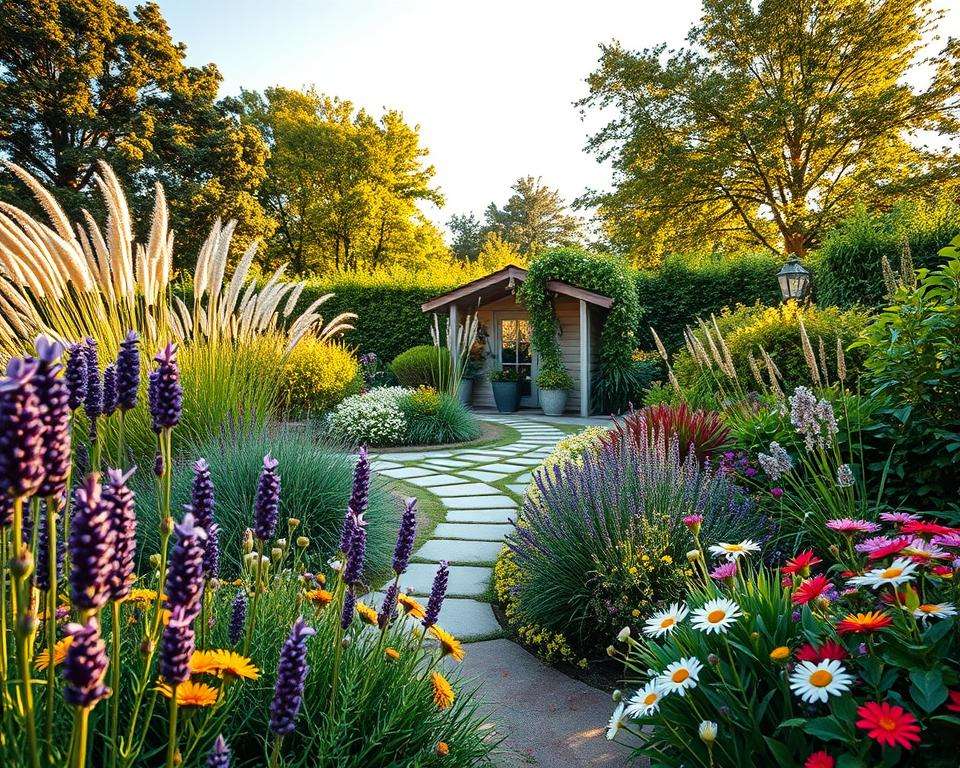 A beautifully designed "Leitidee Garten" featuring a harmonious mix of various plants, flowers, and garden elements that illustrate a clear thematic concept. In the foreground, vibrant perennial flowers in full bloom, such as lavender and daisies, framed by neatly arranged ornamental grasses. The middle ground showcases a winding stone path leading to a small, modern garden shed adorned with climbing vines. In the background, a soft-focus view of lush, green trees under a bright blue sky creates a serene backdrop. The scene is illuminated by warm, golden hour sunlight, casting gentle shadows and enhancing the natural colors. The mood is peaceful and inviting, encouraging creativity in garden design. A beautifully designed "Leitidee Garten" featuring a harmonious mix of various plants, flowers, and garden elements that illustrate a clear thematic concept. In the foreground, vibrant perennial flowers in full bloom, such as lavender and daisies, framed by neatly arranged ornamental grasses. The middle ground showcases a winding stone path leading to a small, modern garden shed adorned with climbing vines. In the background, a soft-focus view of lush, green trees under a bright blue sky creates a serene backdrop. The scene is illuminated by warm, golden hour sunlight, casting gentle shadows and enhancing the natural colors. The mood is peaceful and inviting, encouraging creativity in garden design.