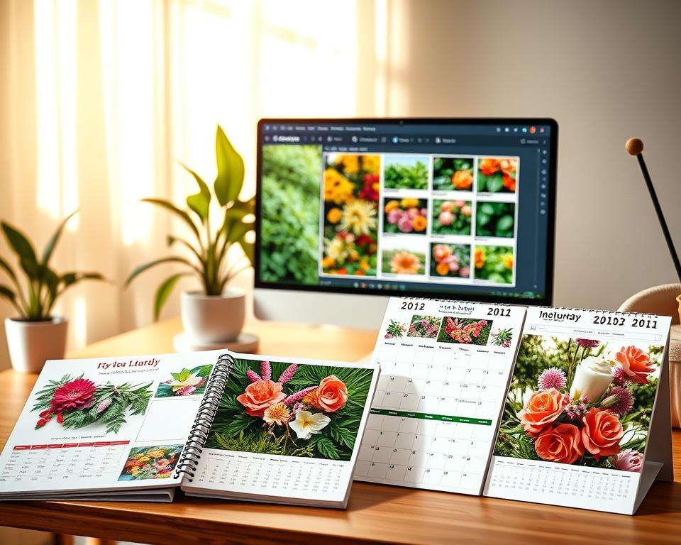 A beautifully designed desktop featuring a variety of customizable photo calendars showcasing vibrant garden motifs. In the foreground, several open calendars highlight different personalization options, including unique layouts and floral designs. The middle ground displays a sleek computer with a creative software interface open, displaying images of lush gardens and intuitive calendar features. The background features a softly lit room with warm, natural lighting streaming through a window, casting gentle shadows on the desk. A potted plant adds a touch of greenery, enhancing the garden theme. The atmosphere is inviting and creative, inspiring a sense of organization and personalization in calendar creation, ready for inspiring users to customize their own Fotokalender.