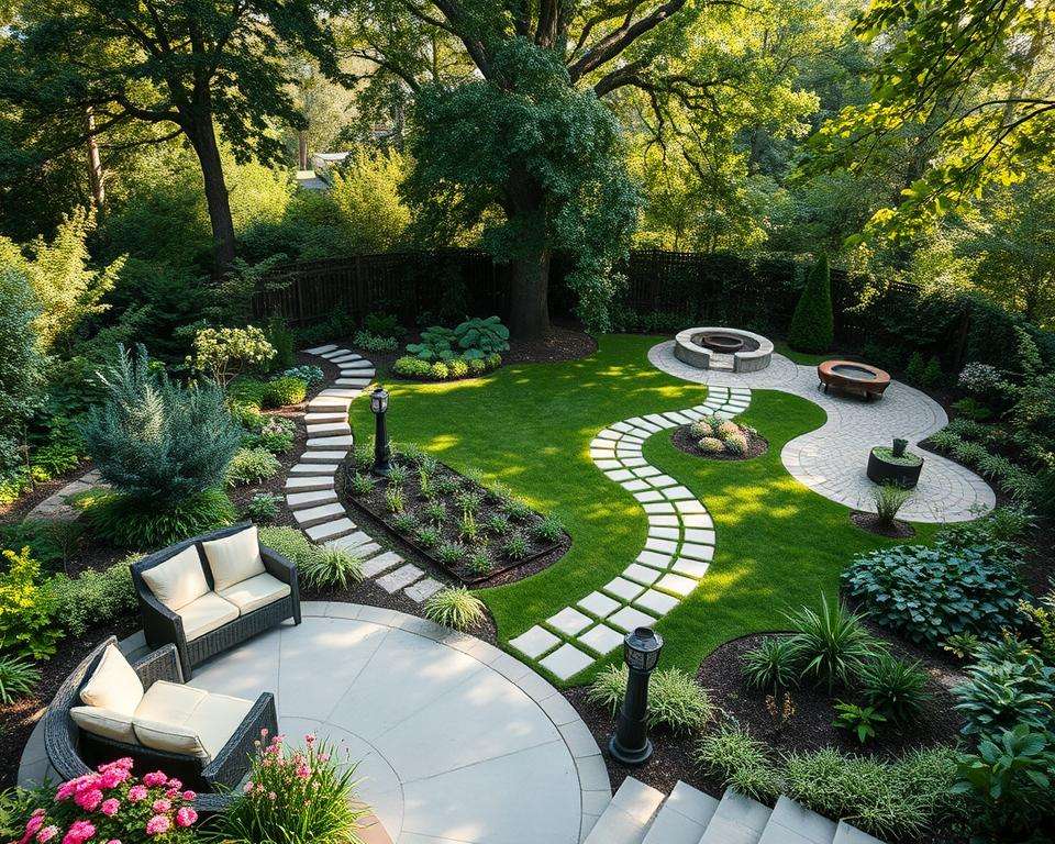 A beautifully designed garden layout showcasing distinct zones for relaxation and functionality. In the foreground, a cozy seating area with comfortable furniture surrounded by lush greenery and flowering plants. In the middle ground, winding stone pathways intersect, leading to various sections including a small vegetable garden, a contemplative pond, and a social space with a fire pit. The background features tall trees providing shade, and soft sunlight filters through the leaves, creating a warm, inviting atmosphere. The scene is serene and balanced, evoking a sense of tranquility and refuge. The perspective is slightly elevated, capturing the harmonious distribution of space, emphasizing the thoughtful zoning of the garden into retreat areas, pathways, and functional sections.