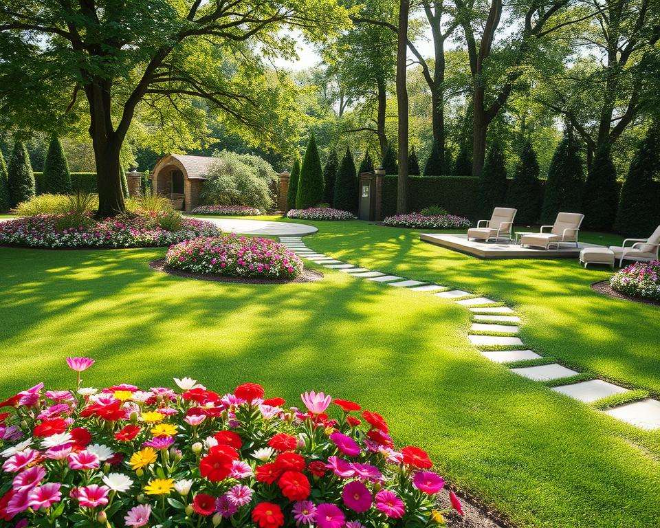 A beautifully designed garden planning layout featuring distinct areas for flower beds, grassy lawns, winding pathways, and inviting seating zones. In the foreground, vibrant flower beds with a variety of colorful blooms, bordered by lush green grass. The middle ground showcases smooth, curving pathways made of natural stone, leading to cozy seating areas with elegant outdoor furniture. In the background, tall trees provide shade and a sense of tranquility, while bright sunlight filters through the leaves, creating dappled shadows on the ground. The mood is serene and inspiring, ideal for garden enthusiasts. The scene is captured from a slightly elevated angle, emphasizing the diverse garden spaces and their harmonious arrangement. A beautifully designed garden planning layout featuring distinct areas for flower beds, grassy lawns, winding pathways, and inviting seating zones. In the foreground, vibrant flower beds with a variety of colorful blooms, bordered by lush green grass. The middle ground showcases smooth, curving pathways made of natural stone, leading to cozy seating areas with elegant outdoor furniture. In the background, tall trees provide shade and a sense of tranquility, while bright sunlight filters through the leaves, creating dappled shadows on the ground. The mood is serene and inspiring, ideal for garden enthusiasts. The scene is captured from a slightly elevated angle, emphasizing the diverse garden spaces and their harmonious arrangement.