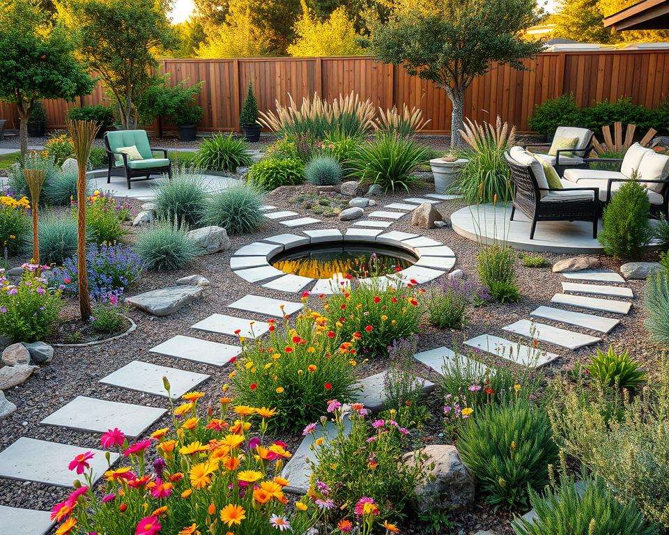 A beautifully designed low-maintenance garden with a harmonious layout, featuring a mix of native plants and drought-resistant perennials. In the foreground, vibrant wildflowers bloom amidst neatly arranged stone paths, leading to a cozy seating area with stylish outdoor furniture. The middle ground showcases dense clusters of ornamental grasses and a small pond, reflecting the soft sunlight. In the background, a few well-placed trees provide shade, surrounded by a fence made of natural wood, blending seamlessly with the landscape. The scene is bathed in warm, golden hour lighting, creating a serene and inviting atmosphere. The angle captures a slightly elevated view, offering a comprehensive overview of this tranquil garden oasis, perfect for small or large spaces. A beautifully designed low-maintenance garden with a harmonious layout, featuring a mix of native plants and drought-resistant perennials. In the foreground, vibrant wildflowers bloom amidst neatly arranged stone paths, leading to a cozy seating area with stylish outdoor furniture. The middle ground showcases dense clusters of ornamental grasses and a small pond, reflecting the soft sunlight. In the background, a few well-placed trees provide shade, surrounded by a fence made of natural wood, blending seamlessly with the landscape. The scene is bathed in warm, golden hour lighting, creating a serene and inviting atmosphere. The angle captures a slightly elevated view, offering a comprehensive overview of this tranquil garden oasis, perfect for small or large spaces.