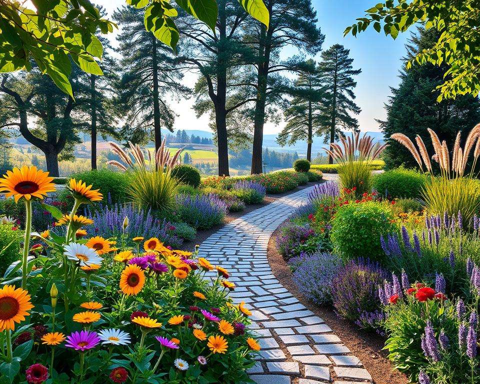 A beautifully designed mixed garden, showcasing a harmonious blend of vibrant flowers, lush greenery, and structured pathways. In the foreground, colorful blooms in various stages of growth—like sunflowers, daisies, and lavender—create a lively focal point, surrounded by neatly trimmed foliage. The middle ground features a winding, cobblestone path leading through the garden, inviting exploration, with ornamental grasses adding texture on either side. In the background, a serene landscape of tall trees and a clear blue sky creates a tranquil atmosphere. Soft, warm sunlight filters through the leaves, enhancing the colors and casting gentle shadows. The mood is peaceful and inspiring, perfect for gardening enthusiasts looking to create their dream garden. A beautifully designed mixed garden, showcasing a harmonious blend of vibrant flowers, lush greenery, and structured pathways. In the foreground, colorful blooms in various stages of growth—like sunflowers, daisies, and lavender—create a lively focal point, surrounded by neatly trimmed foliage. The middle ground features a winding, cobblestone path leading through the garden, inviting exploration, with ornamental grasses adding texture on either side. In the background, a serene landscape of tall trees and a clear blue sky creates a tranquil atmosphere. Soft, warm sunlight filters through the leaves, enhancing the colors and casting gentle shadows. The mood is peaceful and inspiring, perfect for gardening enthusiasts looking to create their dream garden.