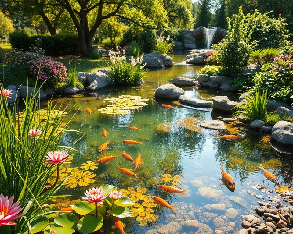 A beautifully designed natural pond ecosystem showcasing distinct teichzonen (pond zones). In the foreground, vibrant aquatic plants like water lilies and reeds frame the clear water, with fish swimming gracefully. The middle section features varying depths, perhaps a shallow area for wildlife, transitioning to deeper water accented by submerged rocks and pebbles. In the background, lush greenery and flowering shrubs surround the pond, bathed in warm, dappled sunlight filtering through trees, casting gentle reflections on the surface. The overall mood is serene and inviting, capturing the essence of a thriving garden paradise. The scene should be depicted in a wide-angle perspective, emphasizing the harmony between water, plants, and the surrounding landscape, ensuring a realistic and tranquil atmosphere.