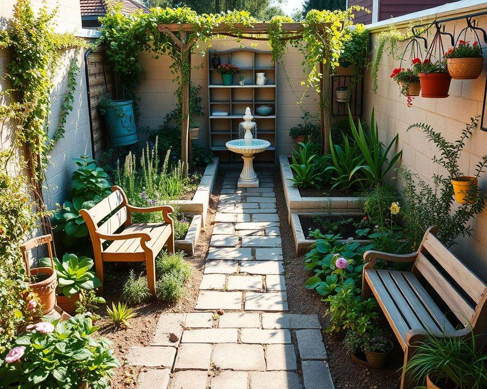 A beautifully designed small garden layout, showcasing a harmonious balance of greenery and structured zones. In the foreground, a cozy seating area with a small wooden bench surrounded by flowering plants and herbs. Moving to the middle ground, a carefully arranged vegetable patch and a decorative stone walkway leading to a small fountain. In the background, a trellis adorned with climbing vines and hanging pots adds vertical interest. Soft afternoon sunlight bathes the scene, creating gentle shadows that enhance the depth. The atmosphere is tranquil and inviting, embodying the essence of a personal paradise within limited space. Use a wide-angle perspective to capture the entire layout, emphasizing the clever use of space and organization. A beautifully designed small garden layout, showcasing a harmonious balance of greenery and structured zones. In the foreground, a cozy seating area with a small wooden bench surrounded by flowering plants and herbs. Moving to the middle ground, a carefully arranged vegetable patch and a decorative stone walkway leading to a small fountain. In the background, a trellis adorned with climbing vines and hanging pots adds vertical interest. Soft afternoon sunlight bathes the scene, creating gentle shadows that enhance the depth. The atmosphere is tranquil and inviting, embodying the essence of a personal paradise within limited space. Use a wide-angle perspective to capture the entire layout, emphasizing the clever use of space and organization.