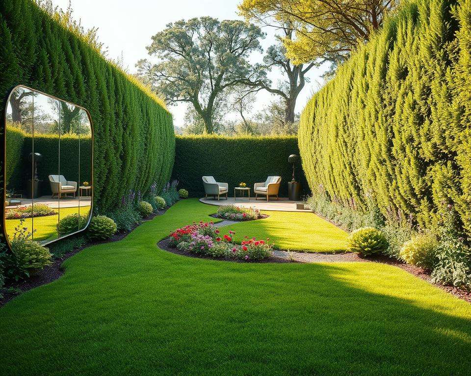 A beautifully designed small garden that showcases optical enlargement techniques, featuring a well-manicured lawn in the foreground with strategically placed mirrors reflecting greenery, creating an illusion of more space. In the middle ground, a carefully arranged flower bed with vibrant flowers and a winding path leads to a charming seating area with comfortable, modern furniture. The background reveals tall, lush hedges that frame the scene while allowing glimpses of distant trees, enhancing the garden's depth. Soft, natural sunlight filters through, casting gentle shadows and illuminating the rich colors of the flowers and leaves. The overall mood is serene and inviting, encouraging a sense of tranquility and open space, perfect for relaxation and enjoyment in a compact area. A beautifully designed small garden that showcases optical enlargement techniques, featuring a well-manicured lawn in the foreground with strategically placed mirrors reflecting greenery, creating an illusion of more space. In the middle ground, a carefully arranged flower bed with vibrant flowers and a winding path leads to a charming seating area with comfortable, modern furniture. The background reveals tall, lush hedges that frame the scene while allowing glimpses of distant trees, enhancing the garden's depth. Soft, natural sunlight filters through, casting gentle shadows and illuminating the rich colors of the flowers and leaves. The overall mood is serene and inviting, encouraging a sense of tranquility and open space, perfect for relaxation and enjoyment in a compact area.