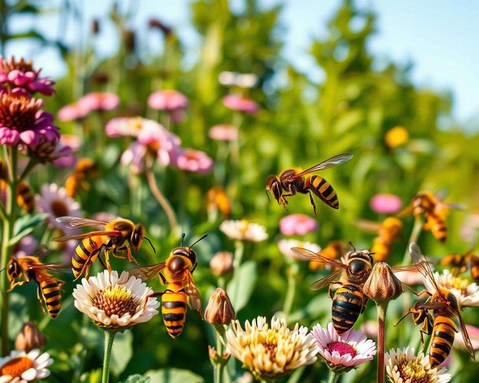 A beautifully detailed scene showcasing various species of wasps, prominently displayed in the foreground with a variety of distinct colors and patterns. Different species should be depicted, including the common wasp, yellowjacket, and hornet, each showcasing their unique markings and shapes. In the middle ground, a lush garden environment with flowering plants provides natural habitat elements, enhancing the visual appeal. The background should feature soft-focus greenery and a clear blue sky to evoke a serene atmosphere. The lighting should be warm, reflecting a sunny day, with a slight focus on the wasps to convey their importance. Capture this scene from a slightly elevated angle, emphasizing diversity and ecological richness in a calm, educational mood.