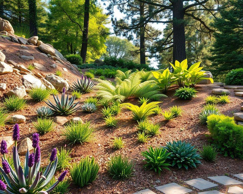 A beautifully landscaped sloped garden showcasing distinct planting zones, illustrating the contrast between the dry upper area and the moister lower section. In the foreground, vibrant, drought-resistant plants such as lavender and succulents thrive against a rocky backdrop. The middle section features a lush array of ferns and shade-loving plants, flourishing in a rich, organic soil, suggesting a moist environment. In the background, tall trees provide gentle shade, filtering soft sunlight that casts dappled light onto the garden. The overall mood is serene and inviting, reflecting a tranquil green paradise. Capture the scene from a slightly elevated angle to emphasize the slope, using warm, natural lighting to enhance the colors of the plants, evoking a sense of harmony with nature. A beautifully landscaped sloped garden showcasing distinct planting zones, illustrating the contrast between the dry upper area and the moister lower section. In the foreground, vibrant, drought-resistant plants such as lavender and succulents thrive against a rocky backdrop. The middle section features a lush array of ferns and shade-loving plants, flourishing in a rich, organic soil, suggesting a moist environment. In the background, tall trees provide gentle shade, filtering soft sunlight that casts dappled light onto the garden. The overall mood is serene and inviting, reflecting a tranquil green paradise. Capture the scene from a slightly elevated angle to emphasize the slope, using warm, natural lighting to enhance the colors of the plants, evoking a sense of harmony with nature.