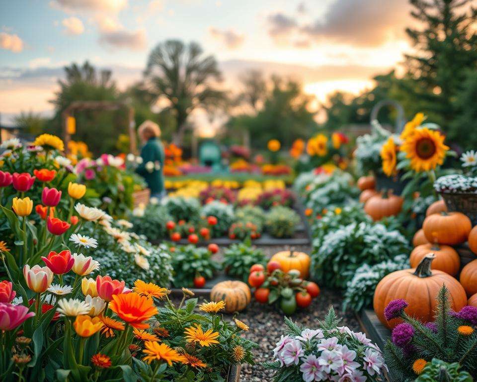 A beautifully organized garden scene depicting seasonal motifs for each month of the year, featuring vibrant flowers, lush greenery, and distinct seasonal elements representing spring, summer, autumn, and winter. In the foreground, there are colorful blooms like tulips and daisies for spring, ripe tomatoes and sunflowers for summer, vibrant foliage and pumpkins for autumn, and snow-dusted pine branches for winter. The middle ground showcases a well-tended vegetable patch and neatly arranged flower beds. The background reveals a serene sky with seasonal hues: pastel tones for spring, bright blue for summer, warm golds and reds for autumn, and soft grays for winter. The atmosphere is inviting and calm, captured in soft, natural lighting, with a slightly blurred focus to evoke a dreamy quality, creating an ideal setting for a garden calendar.