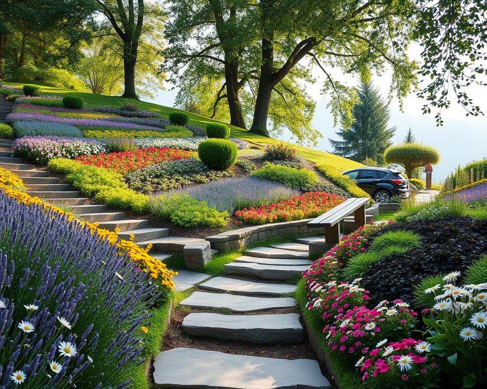 A beautifully organized hillside garden (hanggarten) with carefully planned terraces filled with vibrant flowers and lush greenery. In the foreground, showcase stepping stones leading up the slope, bordered by an array of colorful blooming plants such as lavender and daisies. In the middle ground, depict a small wooden bench where individuals can pause and enjoy the view, surrounded by ornamental plants like hostas and ferns. The background should feature a gentle slope with mature trees and a soft, serene sky, creating a tranquil atmosphere. Soft sunlight filters through the leaves, casting dappled shadows on the path. Use a slightly elevated angle to capture the garden’s layout, illustrating the thoughtfulness behind its design. The mood should be peaceful and inviting, inspiring viewers to imagine their own garden spaces. A beautifully organized hillside garden (hanggarten) with carefully planned terraces filled with vibrant flowers and lush greenery. In the foreground, showcase stepping stones leading up the slope, bordered by an array of colorful blooming plants such as lavender and daisies. In the middle ground, depict a small wooden bench where individuals can pause and enjoy the view, surrounded by ornamental plants like hostas and ferns. The background should feature a gentle slope with mature trees and a soft, serene sky, creating a tranquil atmosphere. Soft sunlight filters through the leaves, casting dappled shadows on the path. Use a slightly elevated angle to capture the garden’s layout, illustrating the thoughtfulness behind its design. The mood should be peaceful and inviting, inspiring viewers to imagine their own garden spaces.
