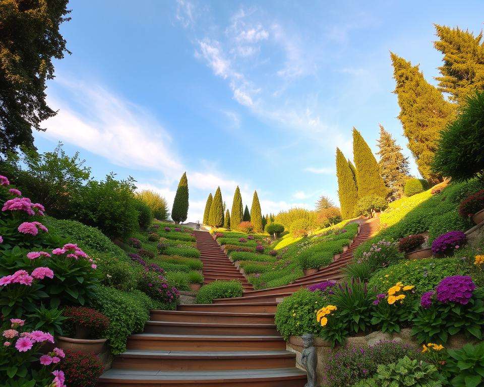A beautifully terraced Hanggarten (sloped garden) showcasing an array of lush, vibrant plants in various stages of bloom. In the foreground, carefully designed wooden steps lead through the layers of greenery, adorned with blooming flowers in shades of pink, purple, and yellow. The middle ground features tiered planting beds, rich in texture and color, interspersed with decorative stones and small garden sculptures. In the background, tall trees rise, providing a sense of depth and tranquility, under a soft blue sky with wispy clouds. The scene is illuminated by warm, golden afternoon sunlight, creating dappled shadows. The overall mood is serene and inviting, embodying the essence of a green paradise, perfect for relaxation and enjoyment in nature. A beautifully terraced Hanggarten (sloped garden) showcasing an array of lush, vibrant plants in various stages of bloom. In the foreground, carefully designed wooden steps lead through the layers of greenery, adorned with blooming flowers in shades of pink, purple, and yellow. The middle ground features tiered planting beds, rich in texture and color, interspersed with decorative stones and small garden sculptures. In the background, tall trees rise, providing a sense of depth and tranquility, under a soft blue sky with wispy clouds. The scene is illuminated by warm, golden afternoon sunlight, creating dappled shadows. The overall mood is serene and inviting, embodying the essence of a green paradise, perfect for relaxation and enjoyment in nature.