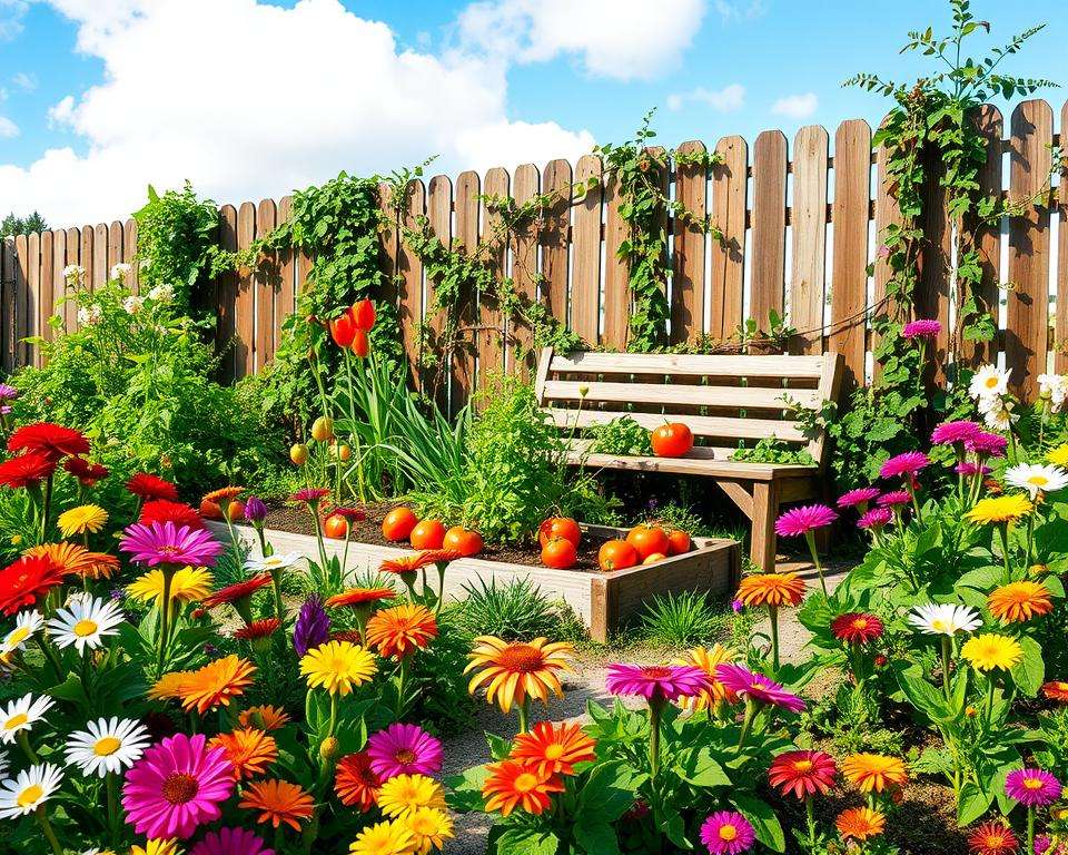A charming small garden designed with vibrant flowers in full bloom, featuring a variety of colorful species such as daisies, tulips, and marigolds in the foreground. In the middle ground, include a neatly arranged vegetable patch with ripe tomatoes and leafy greens, complemented by a rustic wooden bench surrounded by lush greenery. The background should showcase a quaint wooden fence partially covered in climbing vines and a bright blue sky with soft, fluffy clouds. Utilize warm, natural lighting to evoke a cheerful and inviting atmosphere, captured from a slightly elevated angle to showcase the garden's layout. The scene should be peaceful and serene, inviting the viewer to imagine stepping into this little paradise. A charming small garden designed with vibrant flowers in full bloom, featuring a variety of colorful species such as daisies, tulips, and marigolds in the foreground. In the middle ground, include a neatly arranged vegetable patch with ripe tomatoes and leafy greens, complemented by a rustic wooden bench surrounded by lush greenery. The background should showcase a quaint wooden fence partially covered in climbing vines and a bright blue sky with soft, fluffy clouds. Utilize warm, natural lighting to evoke a cheerful and inviting atmosphere, captured from a slightly elevated angle to showcase the garden's layout. The scene should be peaceful and serene, inviting the viewer to imagine stepping into this little paradise.