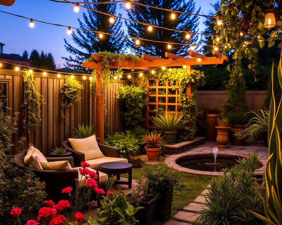 A charming small garden illuminated by soft, warm lights during twilight. In the foreground, a cozy seating area with comfortable outdoor furniture nestled among vibrant flowers and greenery. The middle section features elegantly arranged string lights draping above, highlighting a wooden trellis adorned with climbing plants. In the background, a small water feature gently reflects the lights, creating a serene atmosphere. The scene is captured from a slightly elevated angle to show the garden layout, with a shallow depth of field that gently blurs the farthest plants. The overall mood is enchanting and inviting, emphasizing a tranquil outdoor space perfect for relaxation and evening gatherings. A charming small garden illuminated by soft, warm lights during twilight. In the foreground, a cozy seating area with comfortable outdoor furniture nestled among vibrant flowers and greenery. The middle section features elegantly arranged string lights draping above, highlighting a wooden trellis adorned with climbing plants. In the background, a small water feature gently reflects the lights, creating a serene atmosphere. The scene is captured from a slightly elevated angle to show the garden layout, with a shallow depth of field that gently blurs the farthest plants. The overall mood is enchanting and inviting, emphasizing a tranquil outdoor space perfect for relaxation and evening gatherings.
