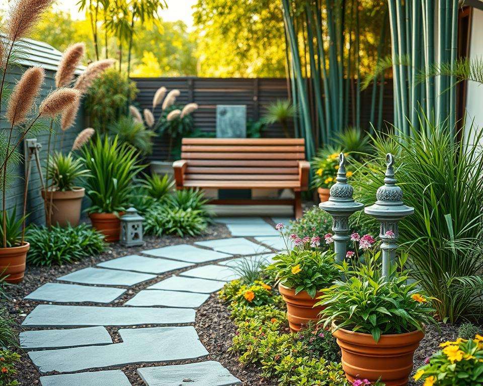 A charming small garden scene featuring various decorative elements that reflect a blend of modern, Mediterranean, natural, and Japanese styles. In the foreground, an elegant stone pathway winds through vibrant flower beds, with carefully placed terracotta pots containing lush greenery. The middle ground features a minimalist wooden bench surrounded by ornamental grasses and delicate stone lanterns. In the background, a soft-focus view of bamboo trees and a small water feature creates a serene atmosphere. The lighting is warm and inviting, mimicking late afternoon sunlight, casting gentle shadows across the garden. The overall mood is peaceful and inviting, perfect for an outdoor retreat. The image has no text, ensuring a clear focus on the garden's beauty. A charming small garden scene featuring various decorative elements that reflect a blend of modern, Mediterranean, natural, and Japanese styles. In the foreground, an elegant stone pathway winds through vibrant flower beds, with carefully placed terracotta pots containing lush greenery. The middle ground features a minimalist wooden bench surrounded by ornamental grasses and delicate stone lanterns. In the background, a soft-focus view of bamboo trees and a small water feature creates a serene atmosphere. The lighting is warm and inviting, mimicking late afternoon sunlight, casting gentle shadows across the garden. The overall mood is peaceful and inviting, perfect for an outdoor retreat. The image has no text, ensuring a clear focus on the garden's beauty.