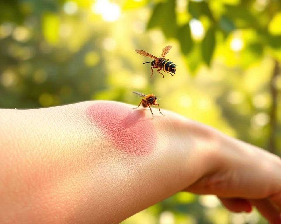 A close-up illustration of a human arm with visible swelling and redness around the area of a wasp sting, highlighting the symptoms such as raised welts and minor bruising. The foreground should focus on the arm with a detailed depiction of the skin texture, while the sting site is clearly visible. In the middle ground, add subtle hints of a wasp hovering nearby, emphasizing its features like the striped abdomen and wings. The background should be softly blurred, suggesting a natural outdoor setting, like a garden or park, with gentle sunlight filtering through leaves, creating a warm and informative atmosphere. Use shallow depth of field to draw attention to the sting symptoms while maintaining clarity.