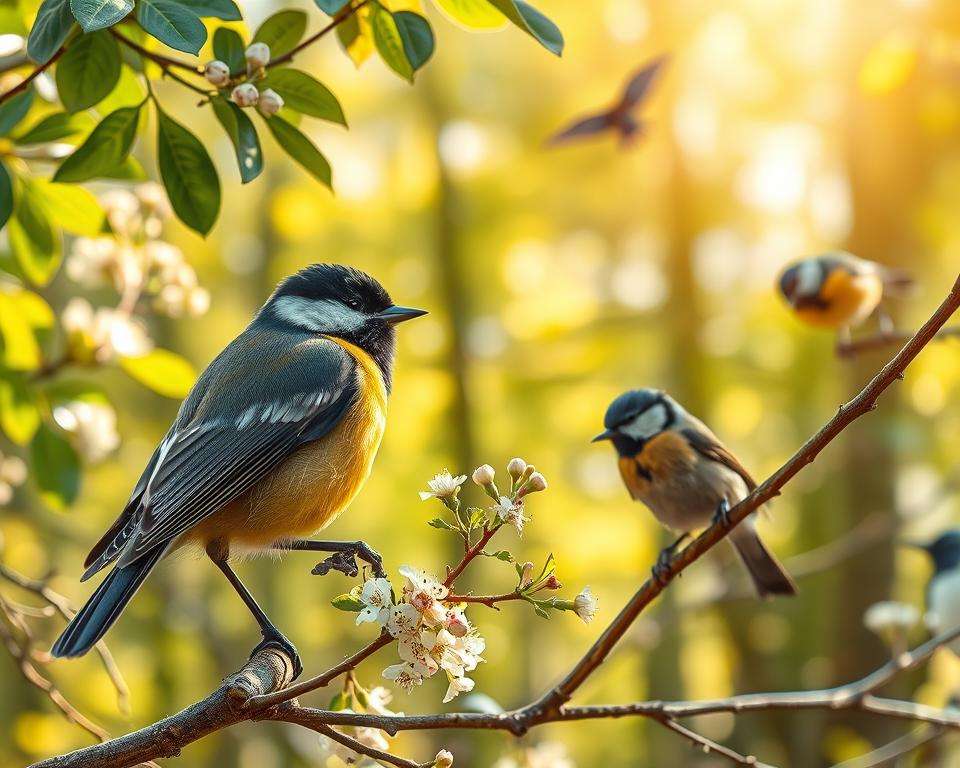 A close-up photograph of various species of tits (Meisen) found in Germany, vividly illustrated in their natural habitat. In the foreground, a vibrant Great Tit and a Coal Tit perch on tree branches, showcasing their colorful plumage and distinctive features. In the middle ground, a decorative blur of green leaves and blossoms adds depth, while additional species like the Blue Tit and Long-tailed Tit are subtly visible among the foliage. The background features a soft-focus scenic view of a sunny forest environment with dappled light filtering through the trees, creating a serene atmosphere. The image captures the lively essence of birdwatching, designed for educational purposes. Use soft, natural lighting, simulating a golden hour effect, to enhance the vivid colors and textures of the birds and their surroundings.