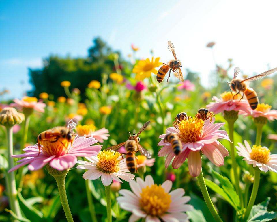A close-up view of various wasp species native to Germany in their natural habitat. In the foreground, showcase detailed, vibrant wasps feeding on flowers, highlighting their unique colors and patterns. In the middle ground, include a lush garden environment with blooming wildflowers and green foliage, illustrating the wasps' ecological role. The background should feature a clear blue sky with soft sunlight streaming down, creating a warm and inviting atmosphere. Capture this scene from a low angle to emphasize the wasps and flowers, giving a sense of intimacy and connection with nature. The overall mood should convey the importance of wasps as beneficial insects, promoting biodiversity and ecological balance.