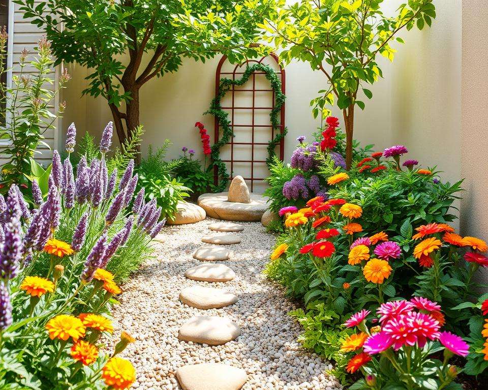 A compact garden design featuring a variety of vibrant plants suitable for small spaces. In the foreground, display a neatly arranged selection of flowering plants like lavender and marigolds, their colors bursting against the lush green foliage. The middle ground includes decorative stones and a small pathway made of gravel, guiding the eye toward a whimsical trellis adorned with climbing vines. In the background, soft sunlight filters through the leaves of a small tree, casting dappled shadows across the scene. Use a warm color palette to create a welcoming atmosphere, with a focus on balance and harmony among the plant selections, showcasing seasonal variations that imply thriving beauty throughout the year. The perspective should be slightly elevated, capturing the whole composition invitingly. A compact garden design featuring a variety of vibrant plants suitable for small spaces. In the foreground, display a neatly arranged selection of flowering plants like lavender and marigolds, their colors bursting against the lush green foliage. The middle ground includes decorative stones and a small pathway made of gravel, guiding the eye toward a whimsical trellis adorned with climbing vines. In the background, soft sunlight filters through the leaves of a small tree, casting dappled shadows across the scene. Use a warm color palette to create a welcoming atmosphere, with a focus on balance and harmony among the plant selections, showcasing seasonal variations that imply thriving beauty throughout the year. The perspective should be slightly elevated, capturing the whole composition invitingly.