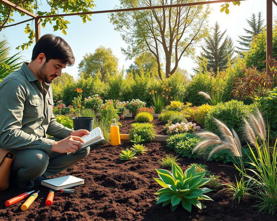 A comprehensive garden site analysis illustration. In the foreground, a person in smart casual clothing carefully examining soil samples, surrounded by gardening tools and a notebook. In the middle, a lush garden area featuring diverse plant species, including flowering shrubs, vegetables, and ornamental grasses, demonstrating various lighting conditions. The background shows a bright blue sky, with soft sunlight filtering through trees, casting gentle shadows across the scene. The mood is inviting and educational, evoking a sense of discovery and connection with nature. The composition emphasizes detail in the plants' textures and colors, creating a vibrant and engaging atmosphere for exploring one's garden effectively. A comprehensive garden site analysis illustration. In the foreground, a person in smart casual clothing carefully examining soil samples, surrounded by gardening tools and a notebook. In the middle, a lush garden area featuring diverse plant species, including flowering shrubs, vegetables, and ornamental grasses, demonstrating various lighting conditions. The background shows a bright blue sky, with soft sunlight filtering through trees, casting gentle shadows across the scene. The mood is inviting and educational, evoking a sense of discovery and connection with nature. The composition emphasizes detail in the plants' textures and colors, creating a vibrant and engaging atmosphere for exploring one's garden effectively.
