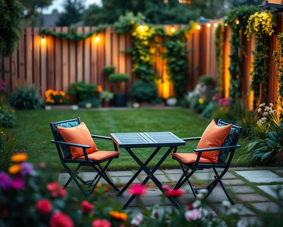 A cozy, modern garden setting featuring space-saving outdoor furniture, including a compact foldable table and stylish, stackable chairs. In the foreground, a small table set for two with vibrant cushions, surrounded by lush greenery. The middle ground showcases a well-manicured lawn, dotted with colorful flowers, creating an inviting atmosphere. In the background, a timber fence with climbing plants and soft outdoor lighting that casts a warm, welcoming glow during dusk. The scene is captured with a shallow depth of field for a soft focus effect, emphasizing the furniture. The overall mood is serene and harmonious, ideal for relaxing in a small garden retreat. A cozy, modern garden setting featuring space-saving outdoor furniture, including a compact foldable table and stylish, stackable chairs. In the foreground, a small table set for two with vibrant cushions, surrounded by lush greenery. The middle ground showcases a well-manicured lawn, dotted with colorful flowers, creating an inviting atmosphere. In the background, a timber fence with climbing plants and soft outdoor lighting that casts a warm, welcoming glow during dusk. The scene is captured with a shallow depth of field for a soft focus effect, emphasizing the furniture. The overall mood is serene and harmonious, ideal for relaxing in a small garden retreat.