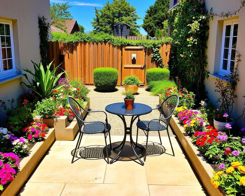 A cozy terrace in a small garden, featuring a light-colored stone patio surrounded by vibrant flower beds with blooming plants in various colors. In the foreground, a small table set for two with stylish, weather-resistant chairs, adorned with a potted plant centerpiece. The middle section showcases a neat pathway made of gravel leading to the terrace, bordered by low-maintenance shrubs. In the background, a wooden fence and climbing vines provide privacy, while a clear blue sky enhances the cheerful atmosphere. Soft, warm lighting casts gentle shadows, evoking a peaceful, inviting mood. The scene is viewed from a slightly elevated angle to capture the entire garden layout harmoniously. A cozy terrace in a small garden, featuring a light-colored stone patio surrounded by vibrant flower beds with blooming plants in various colors. In the foreground, a small table set for two with stylish, weather-resistant chairs, adorned with a potted plant centerpiece. The middle section showcases a neat pathway made of gravel leading to the terrace, bordered by low-maintenance shrubs. In the background, a wooden fence and climbing vines provide privacy, while a clear blue sky enhances the cheerful atmosphere. Soft, warm lighting casts gentle shadows, evoking a peaceful, inviting mood. The scene is viewed from a slightly elevated angle to capture the entire garden layout harmoniously.