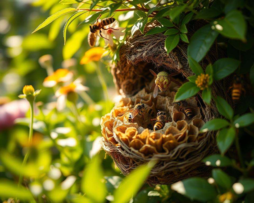 A detailed and realistic depiction of a wasp nest in its natural environment, nestled among green foliage in a garden. In the foreground, the nest is visible, showing its intricate structure made of papery material, with wasps buzzing around. The middle layer features various plants and flowers typical of a German garden, adding vibrant colors and depth. The background is softly blurred with gentle sunlight filtering through the leaves, creating a warm, inviting atmosphere. Capture the image with a shallow depth of field to bring focus to the nest, highlighting details like the wasps entering and exiting. The mood should be serene yet dynamic, emphasizing the natural behavior of wasps in their habitat.