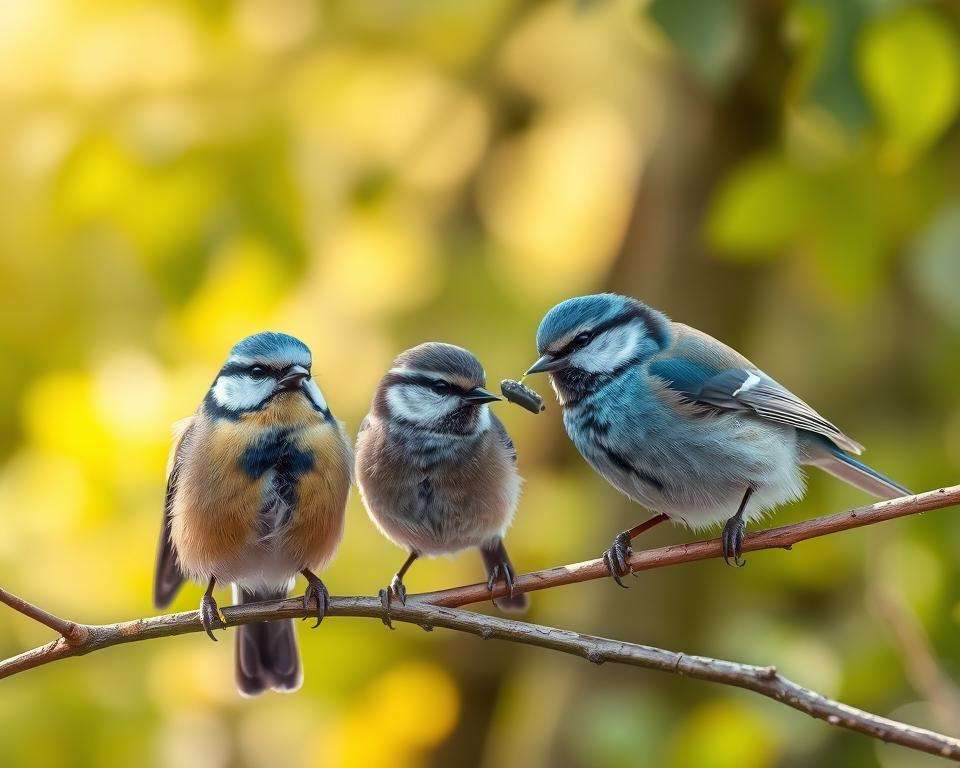 A detailed composition depicting the confusion between various species of tit (Meisen) commonly found in Germany. In the foreground, showcase a great tit (Parus major) and a blue tit (Cyanistes caeruleus) perched on a branch, their vibrant feathers and distinct markings highlighted in natural light. In the middle, include a soft-focus image of a coal tit (Periparus ater) and a marsh tit (Poecile palustris) engaging in foraging behavior, adding a sense of activity and life. The background should feature a blurred woodland scene, rich in green foliage, creating a serene and natural atmosphere. The lighting should be warm and inviting, capturing a tranquil, early morning ambiance as sunlight filters through the trees, enhancing the beauty of the birds and their surroundings.