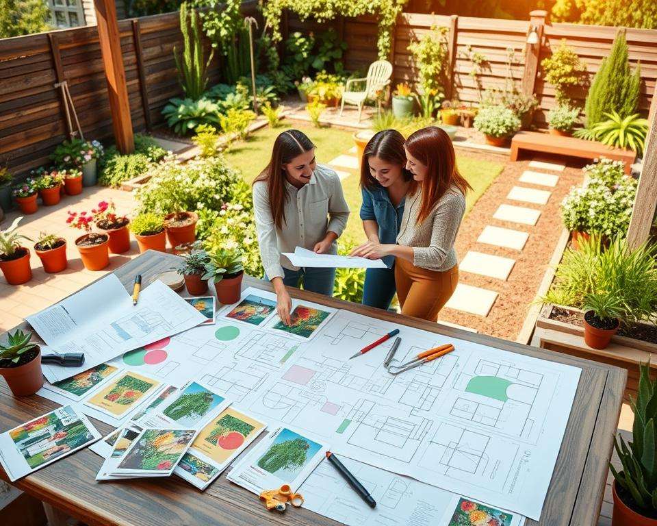 A detailed garden planning analysis scene featuring a vibrant family garden layout on a sunny day. In the foreground, a large wooden table covered with blueprints, colorful plant catalogs, and gardening tools, surrounded by neatly organized planting pots. In the middle ground, a family of four, dressed in modest casual clothing, enthusiastically discussing design elements while pointing at the plans. In the background, a lush and well-maintained garden with various plants, pathways, and a small seating area, all bathed in warm, natural lighting that enhances the inviting atmosphere. The angle is slightly elevated, capturing the harmonious connection between the family and their garden concept, conveying a sense of creativity and collaboration. A detailed garden planning analysis scene featuring a vibrant family garden layout on a sunny day. In the foreground, a large wooden table covered with blueprints, colorful plant catalogs, and gardening tools, surrounded by neatly organized planting pots. In the middle ground, a family of four, dressed in modest casual clothing, enthusiastically discussing design elements while pointing at the plans. In the background, a lush and well-maintained garden with various plants, pathways, and a small seating area, all bathed in warm, natural lighting that enhances the inviting atmosphere. The angle is slightly elevated, capturing the harmonious connection between the family and their garden concept, conveying a sense of creativity and collaboration.