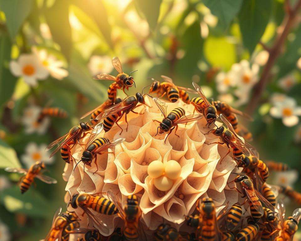 A detailed illustration of social wasps in their natural habitat, showcasing a bustling colony. In the foreground, a close-up view of several wasps cooperating as they build a nest made of paper-like material, exhibiting teamwork and communal behavior. Their distinctive yellow and black markings are vividly highlighted, showcasing their intricate body structures and wings. In the middle ground, additional wasps are seen foraging for food, interacting with each other, and tending to larvae. The background features lush greenery, including blurred leaves and flowers, creating a lively, vibrant atmosphere. Soft, warm sunlight filters through the leaves, casting dappled shadows on the scene, enhancing the sense of an active, thriving environment. The composition should evoke a sense of community and harmony within the wasp colony, devoid of any human presence.