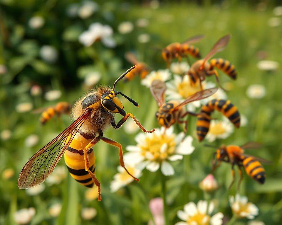 A detailed illustration of various wasp species native to Germany, showcasing their distinct physical characteristics. In the foreground, prominently display a close-up of a yellow and black striped wasp, emphasizing its intricate wing structure and fine antennae. In the middle ground, include a variety of wasps, such as the common wasp and the hornet, each represented with unique features and slightly different colors. The background features a lush green garden or field, providing a natural habitat setting with blossoming flowers and foliage to contextualize them. Soft, diffused lighting enhances the natural colors of the wasps and creates a warm, inviting atmosphere. The composition should have a depth of field that softly blurs the background, focusing the viewer's attention on the wasps.