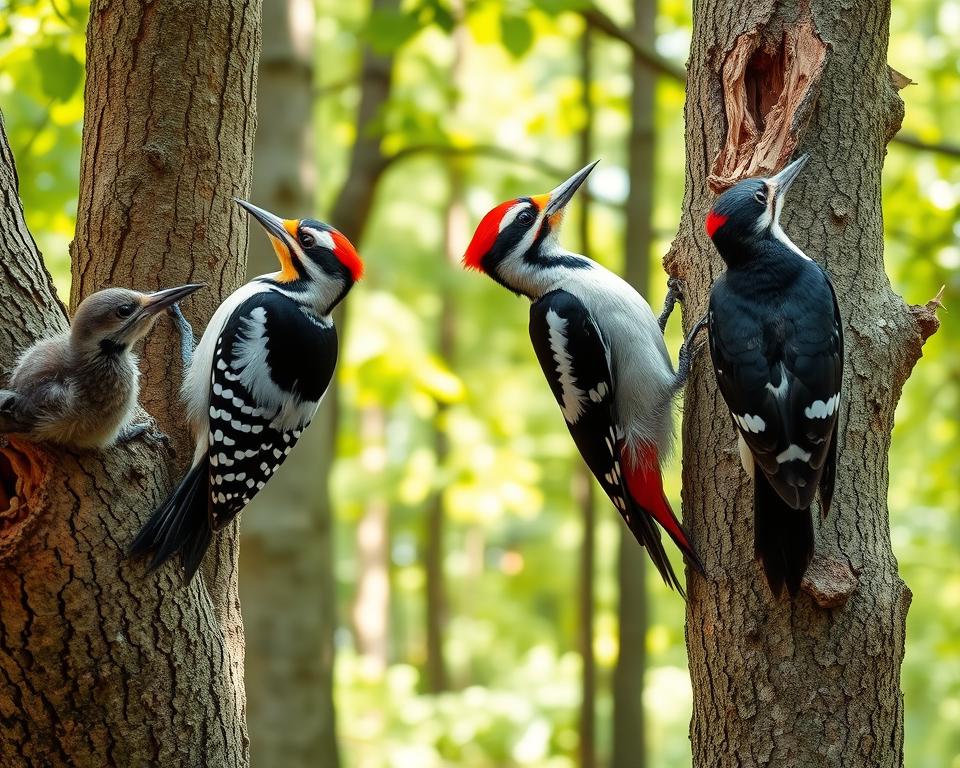 A detailed illustration of various woodpecker species in their natural habitat. In the foreground, vividly colored woodpeckers including the Great Spotted Woodpecker and the Black Woodpecker are expertly showcasing their distinct markings and behaviors while perched on tree trunks. The middle ground features a lush forest setting with a mix of broadleaf and conifer trees, highlighting the textured bark that woodpeckers drill into. The background reveals a softly blurred greenery, creating a sense of depth. Bright, natural daylight filters through the leaves, casting dappled shadows on the ground, evoking a serene and vibrant atmosphere. The composition should emphasize clarity and realism, with a focus on the identification features of these remarkable birds, captured using a macro lens for fine detail. A detailed illustration of various woodpecker species in their natural habitat. In the foreground, vividly colored woodpeckers including the Great Spotted Woodpecker and the Black Woodpecker are expertly showcasing their distinct markings and behaviors while perched on tree trunks. The middle ground features a lush forest setting with a mix of broadleaf and conifer trees, highlighting the textured bark that woodpeckers drill into. The background reveals a softly blurred greenery, creating a sense of depth. Bright, natural daylight filters through the leaves, casting dappled shadows on the ground, evoking a serene and vibrant atmosphere. The composition should emphasize clarity and realism, with a focus on the identification features of these remarkable birds, captured using a macro lens for fine detail.