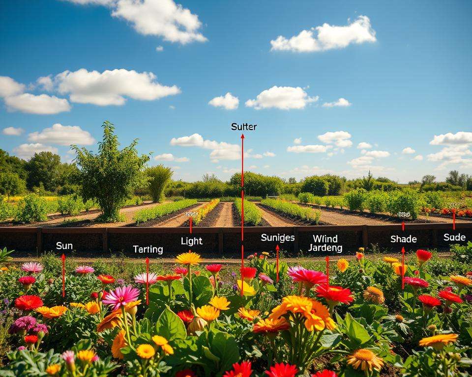 A detailed schematic landscape for a garden analysis, showcasing essential elements of site evaluation. In the foreground, a vibrant patch of assorted vegetables and flowers, meticulously labeled with arrows pointing to the sun, wind direction, and soil texture. In the middle ground, a slightly elevated view of a garden plot with clear distinctions in light and shade, highlighting where sunlight falls at different times of day. The background features a serene blue sky with soft clouds, represented at an angle to emphasize direction of the wind. The overall atmosphere is educational and inviting, illuminated by warm, natural lighting to create an engaging and informative visual. A detailed schematic landscape for a garden analysis, showcasing essential elements of site evaluation. In the foreground, a vibrant patch of assorted vegetables and flowers, meticulously labeled with arrows pointing to the sun, wind direction, and soil texture. In the middle ground, a slightly elevated view of a garden plot with clear distinctions in light and shade, highlighting where sunlight falls at different times of day. The background features a serene blue sky with soft clouds, represented at an angle to emphasize direction of the wind. The overall atmosphere is educational and inviting, illuminated by warm, natural lighting to create an engaging and informative visual.