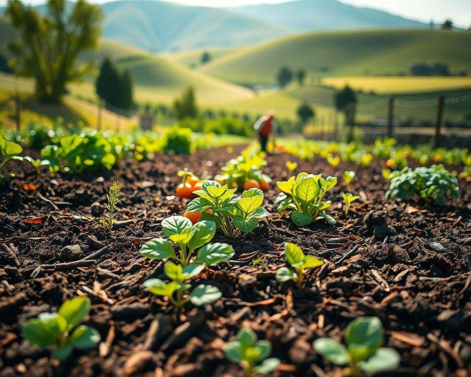 A lush organic garden showcasing vibrant fertility, emphasizing a rich, dark brown soil layered with thick mulch and organic compost. In the foreground, a variety of colorful vegetables and herbs peek through the soil, indicating healthy growth. The middle ground features a small gardener in modest casual attire, gently tending to the plants, ensuring the soil remains intact and nutrient-rich. Bright sunlight filters through the leaves, creating a warm and inviting atmosphere. In the background, soft hills covered in greenery and a few distant trees evoke a sense of tranquility and abundance. The image is captured from a slightly elevated angle with a shallow depth of field, focusing on the details of the soil and plants, enhancing the mood of sustainability and natural beauty. A lush organic garden showcasing vibrant fertility, emphasizing a rich, dark brown soil layered with thick mulch and organic compost. In the foreground, a variety of colorful vegetables and herbs peek through the soil, indicating healthy growth. The middle ground features a small gardener in modest casual attire, gently tending to the plants, ensuring the soil remains intact and nutrient-rich. Bright sunlight filters through the leaves, creating a warm and inviting atmosphere. In the background, soft hills covered in greenery and a few distant trees evoke a sense of tranquility and abundance. The image is captured from a slightly elevated angle with a shallow depth of field, focusing on the details of the soil and plants, enhancing the mood of sustainability and natural beauty.