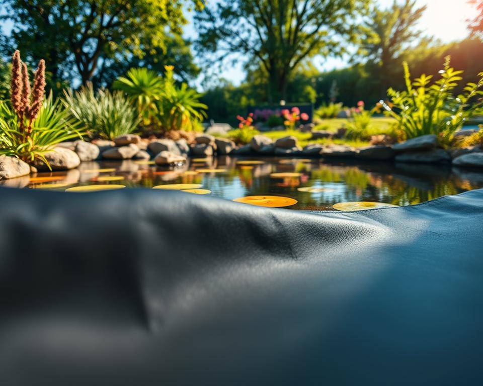 A lush, serene garden featuring a beautifully crafted natural pond lined with EPDM pond liner. In the foreground, detailed close-ups of the smooth, dark rubber texture of the EPDM, showcasing its durability and flexibility. The middle ground displays the pond with crystal-clear water reflecting the sky, surrounded by vibrant aquatic plants and stones for a natural feel. In the background, a sun-drenched garden with green foliage and trees, illuminated by gentle, warm lighting to create a tranquil atmosphere. The angle captures a sense of depth, highlighting the contrast between the artificial liner and the natural beauty of the surrounding garden. Aim for a peaceful, idyllic mood that emphasizes harmony between the constructed pond and the natural environment.