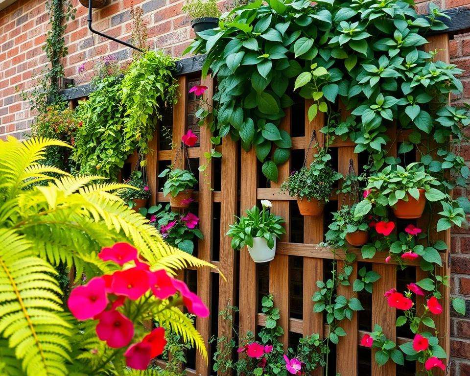 A lush vertical garden showcasing a vibrant arrangement of various plants, herbs, and flowers systematically planted on wooden trellises against a brick wall. In the foreground, vivid green ferns cascade down while colorful petunias add splashes of red and purple. The middle ground features a rustic wooden fence adorned with climbing ivy and small hanging planters filled with aromatic herbs like basil and rosemary. In the background, soft sunlight filters through the leaves, creating a warm, inviting atmosphere. The scene is captured from a low angle to emphasize the verticality of the garden, with a slight depth of field to focus on the vibrant plants while softly blurring the background. The overall mood conveys a sense of tranquility and creative gardening, ideal for a cozy, small outdoor space. A lush vertical garden showcasing a vibrant arrangement of various plants, herbs, and flowers systematically planted on wooden trellises against a brick wall. In the foreground, vivid green ferns cascade down while colorful petunias add splashes of red and purple. The middle ground features a rustic wooden fence adorned with climbing ivy and small hanging planters filled with aromatic herbs like basil and rosemary. In the background, soft sunlight filters through the leaves, creating a warm, inviting atmosphere. The scene is captured from a low angle to emphasize the verticality of the garden, with a slight depth of field to focus on the vibrant plants while softly blurring the background. The overall mood conveys a sense of tranquility and creative gardening, ideal for a cozy, small outdoor space.