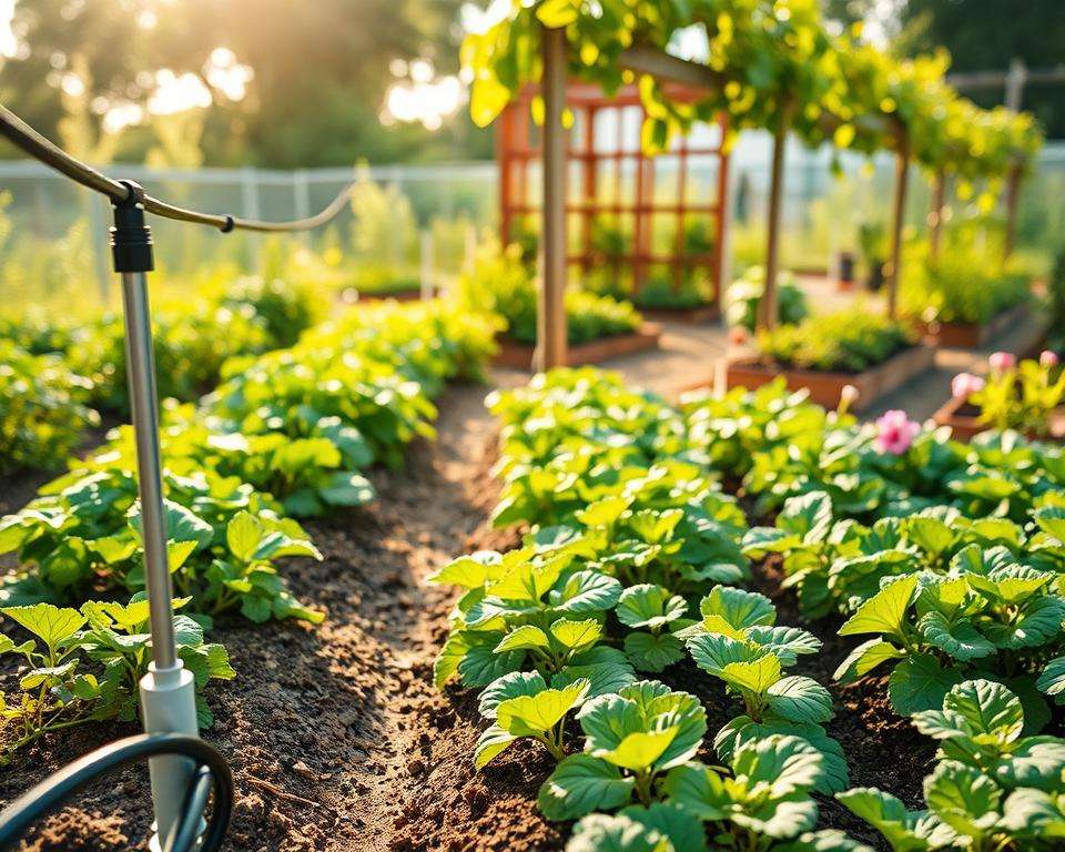 A modern and efficient garden irrigation system prominently displayed in the foreground, featuring a combination of drip lines and soaker hoses gently snaking through vibrant rows of vegetables and flowers. The middle ground showcases healthy plants thriving under the system, with greenery illuminated by soft, natural sunlight filtering through overhead leaves. In the background, a tidy garden layout with raised beds and a wooden trellis adds depth. The scene captures the essence of sustainability and care, with a warm, inviting atmosphere. The angle is slightly elevated, providing a broad view of the garden's organization while showcasing the innovative irrigation setup. The overall mood is serene and productive, emphasizing the harmony between modern technology and nature. A modern and efficient garden irrigation system prominently displayed in the foreground, featuring a combination of drip lines and soaker hoses gently snaking through vibrant rows of vegetables and flowers. The middle ground showcases healthy plants thriving under the system, with greenery illuminated by soft, natural sunlight filtering through overhead leaves. In the background, a tidy garden layout with raised beds and a wooden trellis adds depth. The scene captures the essence of sustainability and care, with a warm, inviting atmosphere. The angle is slightly elevated, providing a broad view of the garden's organization while showcasing the innovative irrigation setup. The overall mood is serene and productive, emphasizing the harmony between modern technology and nature.
