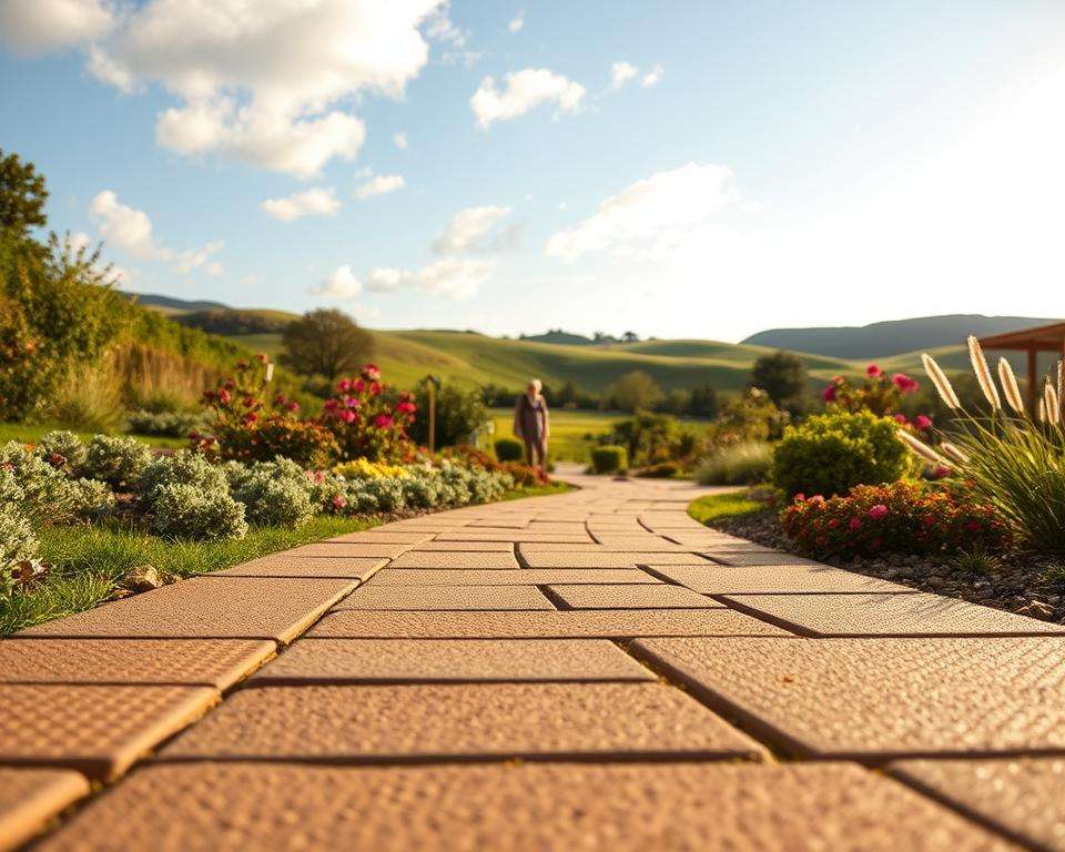 A modern garden pathway featuring slip-resistant surfaces, designed for accessibility, meandering through a lush family garden. In the foreground, showcase textured paving stones or rubber tiles in earthy tones, emphasizing their grip and safety. In the middle ground, include vibrant flower beds and decorative shrubs that add color and liveliness. In the background, gentle rolling hills under a bright blue sky with soft clouds, creating a serene atmosphere. The lighting is warm and inviting, reminiscent of a sunny afternoon, enhancing the rich colors of the garden. Capture the scene from a low-angle perspective to emphasize depth and invite the viewer into the space, evoking a sense of tranquility and family-friendly charm. A modern garden pathway featuring slip-resistant surfaces, designed for accessibility, meandering through a lush family garden. In the foreground, showcase textured paving stones or rubber tiles in earthy tones, emphasizing their grip and safety. In the middle ground, include vibrant flower beds and decorative shrubs that add color and liveliness. In the background, gentle rolling hills under a bright blue sky with soft clouds, creating a serene atmosphere. The lighting is warm and inviting, reminiscent of a sunny afternoon, enhancing the rich colors of the garden. Capture the scene from a low-angle perspective to emphasize depth and invite the viewer into the space, evoking a sense of tranquility and family-friendly charm.