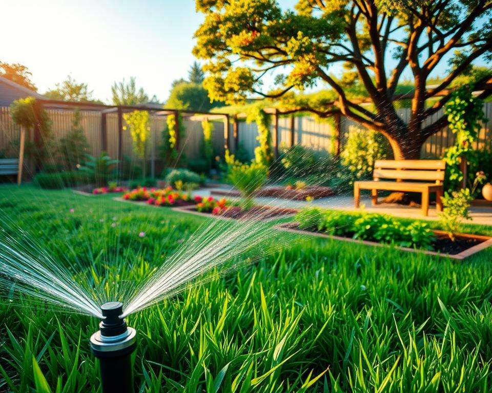 A modern garden with an automatic irrigation system in action, showcasing a lush, green landscape. In the foreground, a low-angle view of a sleek sprinkler head releasing a fine mist over vibrant flowerbeds and lush grass, with droplets sparkling in the sunlight. In the middle ground, neatly arranged vegetable patches and raised garden beds highlight the efficiency of the system, while a smart irrigation controller is visible, emphasizing technology. The background features trellises with climbing plants and a wooden garden bench under a shady tree, creating a serene atmosphere. Soft golden hour lighting bathes the scene, producing warm tones, while a clear blue sky enhances the tranquil mood. The overall composition evokes a sense of harmony and sustainability. A modern garden with an automatic irrigation system in action, showcasing a lush, green landscape. In the foreground, a low-angle view of a sleek sprinkler head releasing a fine mist over vibrant flowerbeds and lush grass, with droplets sparkling in the sunlight. In the middle ground, neatly arranged vegetable patches and raised garden beds highlight the efficiency of the system, while a smart irrigation controller is visible, emphasizing technology. The background features trellises with climbing plants and a wooden garden bench under a shady tree, creating a serene atmosphere. Soft golden hour lighting bathes the scene, producing warm tones, while a clear blue sky enhances the tranquil mood. The overall composition evokes a sense of harmony and sustainability.