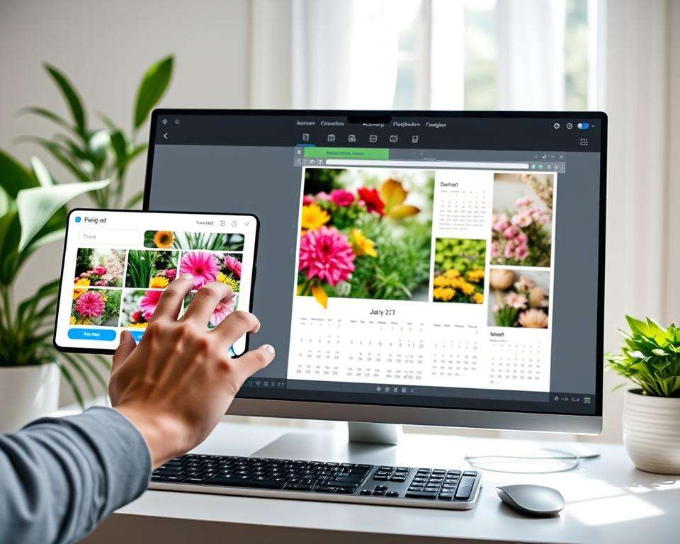 A modern online design interface displayed on a sleek desktop computer, showcasing a step-by-step photobook ordering process for garden-themed calendars. In the foreground, a user’s hand is interacting with a digital screen, selecting vibrant images of flowers, plants, and garden scenes. The middle ground features an open calendar template, beautifully adorned with various customizations, reflecting a serene and colorful garden ambiance. In the background, soft natural lighting floods the workspace, highlighting the creativity and ease of the design process. The scene conveys a sense of calm and inspiration, ideal for users crafting personalized calendars. The overall composition is bright and inviting, with a focus on the intuitive design interface, emphasizing the joy of using digital tools to celebrate personal garden memories.