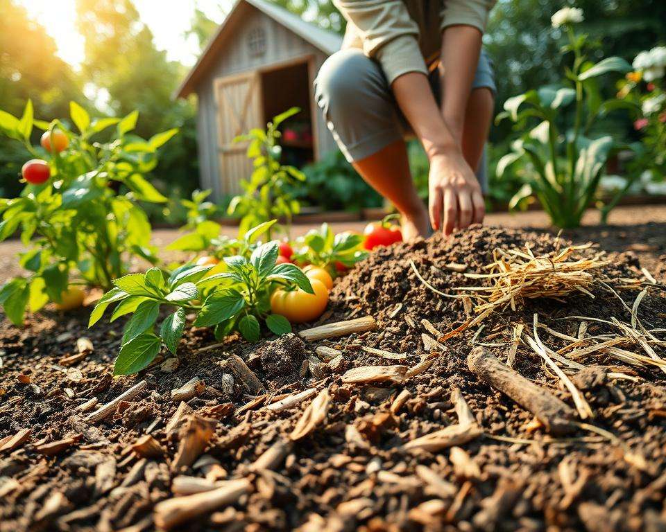 A peaceful garden scene featuring a person in modest casual clothing kneeling on rich soil, diligently mulching around vibrant vegetable plants. The foreground includes scattered wood chips and straw being applied to the soil, showcasing the process of mulching for improved soil health. In the middle ground, various vegetables such as tomatoes and peppers thrive in lush green foliage, demonstrating healthy growth. The background reveals a quaint garden shed and blooming flowers, underpinning the charm of a well-tended garden. Soft, warm sunlight filters through gently swaying leaves, creating a serene atmosphere. A macro lens perspective emphasizes the textures of the mulch and the lively plants, inviting viewers to appreciate the beauty of gardening for sustainable growth. A peaceful garden scene featuring a person in modest casual clothing kneeling on rich soil, diligently mulching around vibrant vegetable plants. The foreground includes scattered wood chips and straw being applied to the soil, showcasing the process of mulching for improved soil health. In the middle ground, various vegetables such as tomatoes and peppers thrive in lush green foliage, demonstrating healthy growth. The background reveals a quaint garden shed and blooming flowers, underpinning the charm of a well-tended garden. Soft, warm sunlight filters through gently swaying leaves, creating a serene atmosphere. A macro lens perspective emphasizes the textures of the mulch and the lively plants, inviting viewers to appreciate the beauty of gardening for sustainable growth.