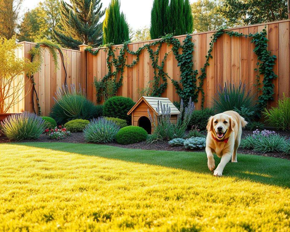 A pet-friendly garden scene featuring a vibrant, lush landscape designed for dogs and cats. In the foreground, a playful golden retriever is enjoying a safe, spacious area with soft grass and a few colorful flowers. The middle ground showcases pet-friendly plants such as lavender and non-toxic ground cover, with a small doghouse nestled among the greenery. In the background, a wooden fence provides a sense of enclosure, adorned with climbing vines and a few tall trees to offer shade. The scene is bathed in warm, golden afternoon sunlight, casting soft shadows and creating a welcoming atmosphere. The angle is slightly elevated to capture the entire garden layout, conveying a sense of harmony between nature and pets. A pet-friendly garden scene featuring a vibrant, lush landscape designed for dogs and cats. In the foreground, a playful golden retriever is enjoying a safe, spacious area with soft grass and a few colorful flowers. The middle ground showcases pet-friendly plants such as lavender and non-toxic ground cover, with a small doghouse nestled among the greenery. In the background, a wooden fence provides a sense of enclosure, adorned with climbing vines and a few tall trees to offer shade. The scene is bathed in warm, golden afternoon sunlight, casting soft shadows and creating a welcoming atmosphere. The angle is slightly elevated to capture the entire garden layout, conveying a sense of harmony between nature and pets.