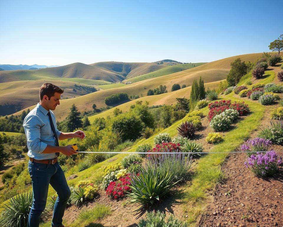 A picturesque hillside garden scene illustrating the concept of measuring slope inclination. In the foreground, a professional landscape architect, dressed in smart casual attire, is carefully examining a slope with a measuring tool in hand. The middle ground features lush greenery and vibrant flower beds, showcasing various plants thriving on the inclined terrain. In the background, rolling hills stretch towards a clear blue sky, with sunlight casting soft shadows that enhance the contours of the garden. The mood is serene and focused, capturing the essence of careful site analysis and the beauty of nature. The image should be bright and inviting, with warm, natural lighting to convey a sense of optimism and creativity in garden design. A picturesque hillside garden scene illustrating the concept of measuring slope inclination. In the foreground, a professional landscape architect, dressed in smart casual attire, is carefully examining a slope with a measuring tool in hand. The middle ground features lush greenery and vibrant flower beds, showcasing various plants thriving on the inclined terrain. In the background, rolling hills stretch towards a clear blue sky, with sunlight casting soft shadows that enhance the contours of the garden. The mood is serene and focused, capturing the essence of careful site analysis and the beauty of nature. The image should be bright and inviting, with warm, natural lighting to convey a sense of optimism and creativity in garden design.