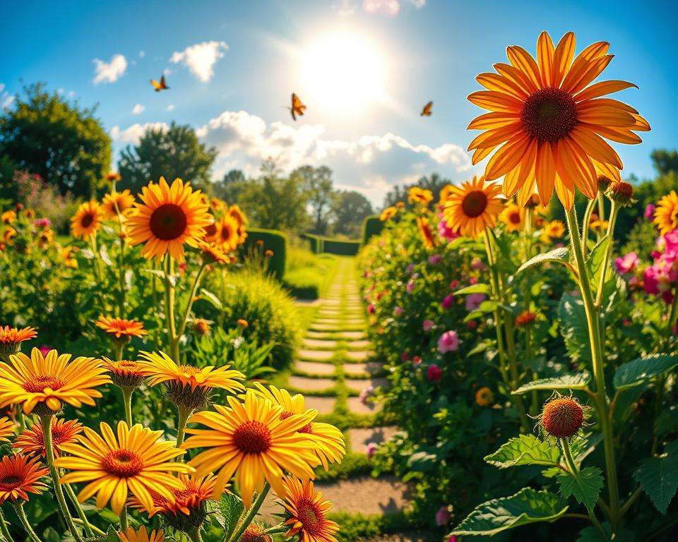 A picturesque selection of vibrant garden images for a calendar, showcasing various garden scenes in full bloom. In the foreground, an array of colorful flowers like daisies and sunflowers with dew glistening on their petals. The middle ground features a serene garden path lined with lush greenery and delicate butterflies fluttering about. In the background, a sunlit blue sky with soft, fluffy clouds completes the tranquil setting. The lighting is warm and inviting, capturing the golden hour glow, emphasizing the lushness of the garden. The angle is slightly elevated, offering a panoramic view that highlights the diverse beauty of each garden scene, evoking a sense of peace and natural beauty perfect for a garden calendar design.