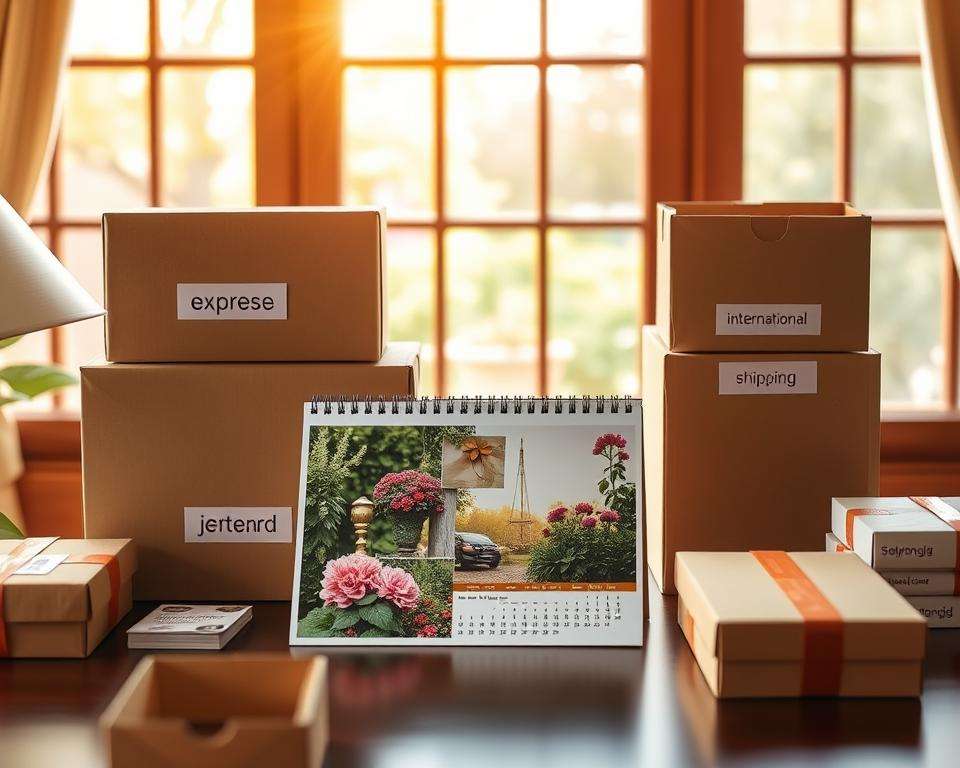 A professional, visually appealing layout of various shipping options for photo calendars, featuring an elegant desk setting as the foreground. On one side, neatly arranged shipping boxes labeled with different delivery options, like express, standard, and international shipping. In the middle, showcase a beautifully designed photo calendar displaying garden motifs, hinting at its personalization. In the background, a softly blurred window scene that suggests a sunny, cheerful atmosphere, hinting at the warmth of a garden outside. Utilize warm, natural lighting to create an inviting mood, with a slight focus on the calendar and the shipping materials. Capture from a slightly elevated angle to provide a comprehensive view, ensuring a professional and informative tone.